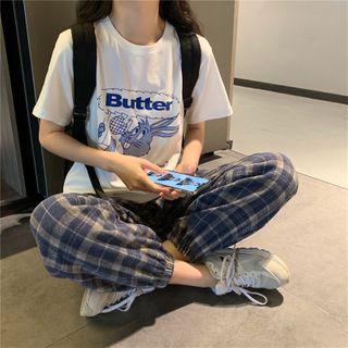 Printed Short-sleeve T-shirt / Plaid Straight Fit Jeans