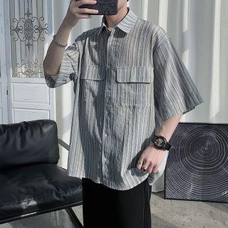 Front Pocket Short-sleeve Striped Shirt