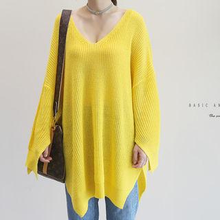 V-neck Drop-shoulder Long Knit Top