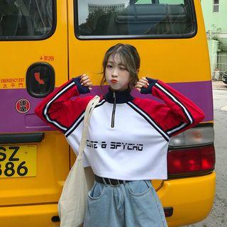 Long-sleeve Lettering Half Zip Crop T-shirt