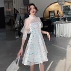 Sequined Lace Panel 3/4-sleeve A-line Dress