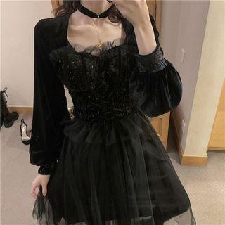 Long-sleeve Maxi Mesh Layered Dress