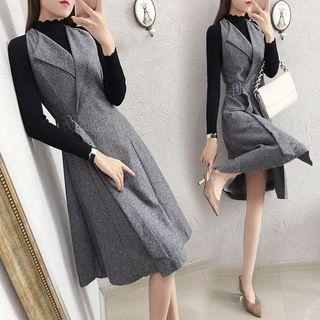Mock Turtleneck Knit Top / A-line Midi Pinafore Dress / Set