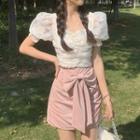 Puff-sleeve Blouse / Bow Mini A-line Skirt