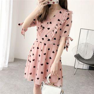Ruffled-trim Heart-print Chiffon Dress