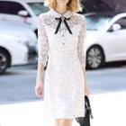 Lace Panel Elbow-sleeve Collared Tweed Dress