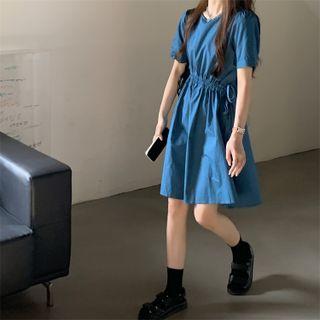 Plain Drawstring-waist Midi A-line Dress