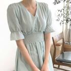 V-neck Puff-sleeve Long Dress Light Sky Blue - One Size