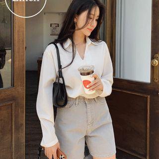 Collar-detail Open-placket Linen Blend Top