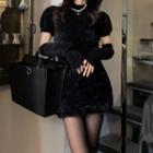 Set: Short-sleeve Knit Dress + Arm Sleeves Set Of 2 - Dress & Arm Sleeves - Black - One Size
