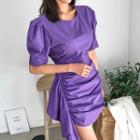 Puff-sleeve Shirred Mini Sheath Dress