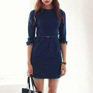 Elbow-sleeve Denim Sheath Dress With Belt