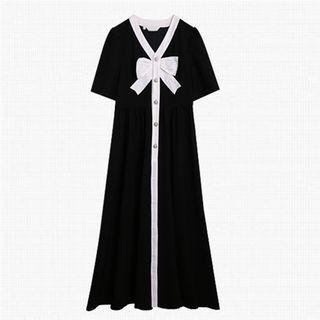 Short-sleeve Bow Button-up Midi A-line Dress