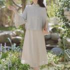 Set: Floral Embroidered Long-sleeve Cheongsam Top + A-line Skirt