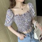 Short-sleeve Floral Drawstring Crop Top