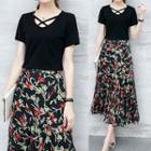 Set: Cross Front Short-sleeve T-shirt + Printed Midi Skirt