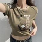 Short-sleeve Crew Neck Graphic Color Panel Cropped T-shirt