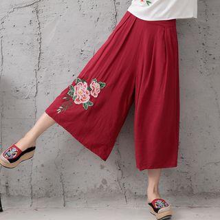 Cropped Wide-leg Floral Embroidery Pants