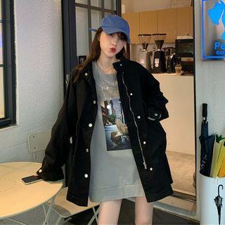 Stand Collar Plain Zipped Button Jacket