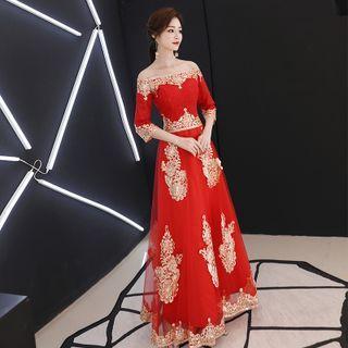 3/4-sleeve Off-shoulder A-line Evening Dress