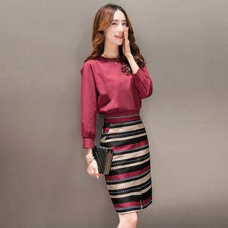 Set: Gather Waist Blouse + Striped Skirt