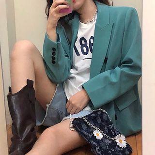 Plain Double-breasted Blazer With Back Zip Green - One Size