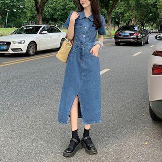 Short-sleeve Slit Denim Dress