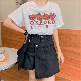 Set: Loose-fit Short Sleeve Printed T-shirt + High-waist Denim Skort