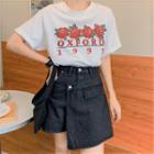 Set: Loose-fit Short Sleeve Printed T-shirt + High-waist Denim Skort