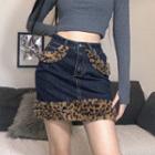 Fluffy Leopard Print Trim Denim Mini A-line Skirt