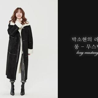 Funnel-neck Faux Shearling Coat Black - One Size