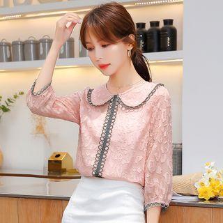 Collared 3/4-sleeve Chiffon Blouse