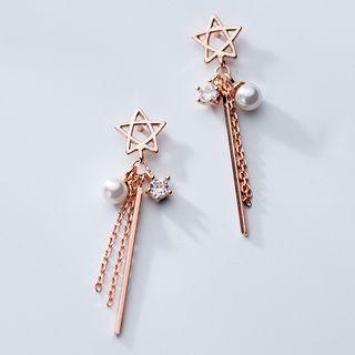 925 Sterling Silver Star Faux Pearl Fringed Earring