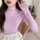 Mock-neck Plain Convertible Slim-fit Top