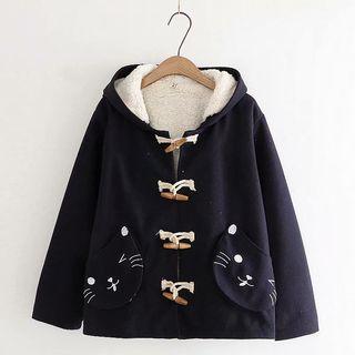 Toggle-button Cat Embroidered Fleece-lined Coat