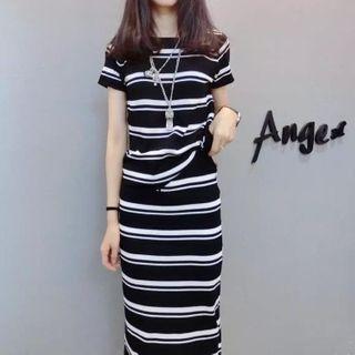 Set: Striped Short-sleeve Knit Top + Knit Midi Straight-fit Skirt