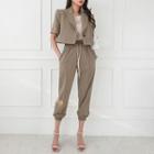 Set: Short-sleeve Cropped Blazer + Sweatpants