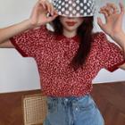 Leopard Short-sleeve Knit Top Wine Red - One Size