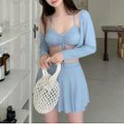 Set: Drawstring Bikini Top + Swim Skirt + Coverup Light Jacket