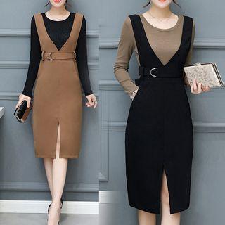 Set: Long-sleeve Top + Suspender Midi Dress