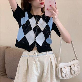 Short-sleeve Button-up Argyle Knit Top