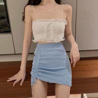 Spaghetti Strap Ruffle Top / Drawstring Mini Fitted Knit Skirt