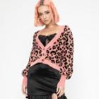 V-neck Leopard Print Cardigan Pink - One Size