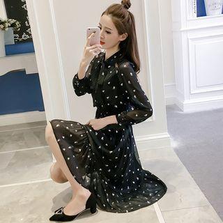 Long Sleeve Tie-neck Ruffled Hem Print Dress