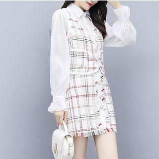 Long-sleeve Frill Trim Shirt / Tweed Buttoned Vest / A-line Mini Skirt / Set