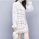 Long-sleeve Frill Trim Shirt / Tweed Buttoned Vest / A-line Mini Skirt / Set