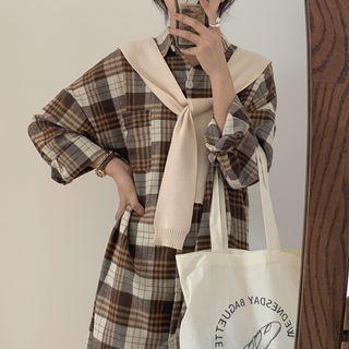 Set: Long-sleeve Plaid Midi Shirt Dress + Scarf As Shown In Figure - One Size