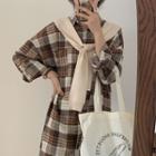Set: Long-sleeve Plaid Midi Shirt Dress + Scarf As Shown In Figure - One Size