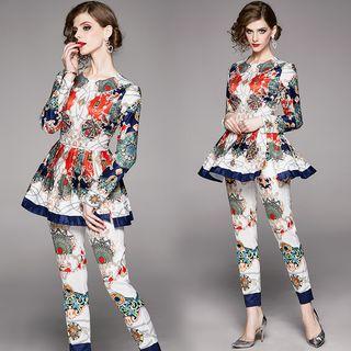 Set: Long-sleeve Print Ruffled Top + Pants
