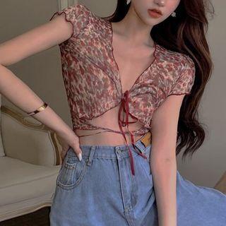 Short-sleeve Floral Print Crop Top Red - One Size